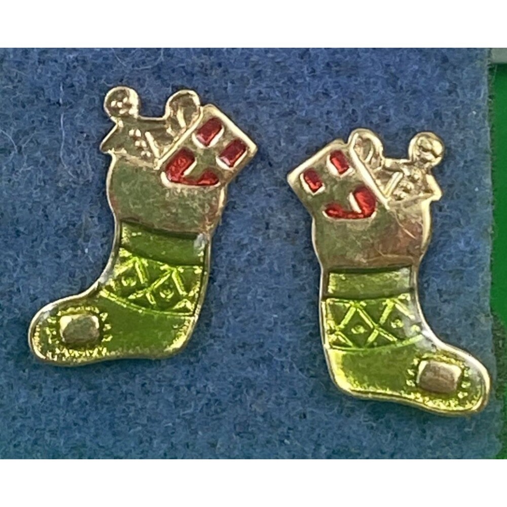 VTG Avon Enamel Christmas Stocking Stud Earrings Whimsical Holiday Jewelry 3/4"